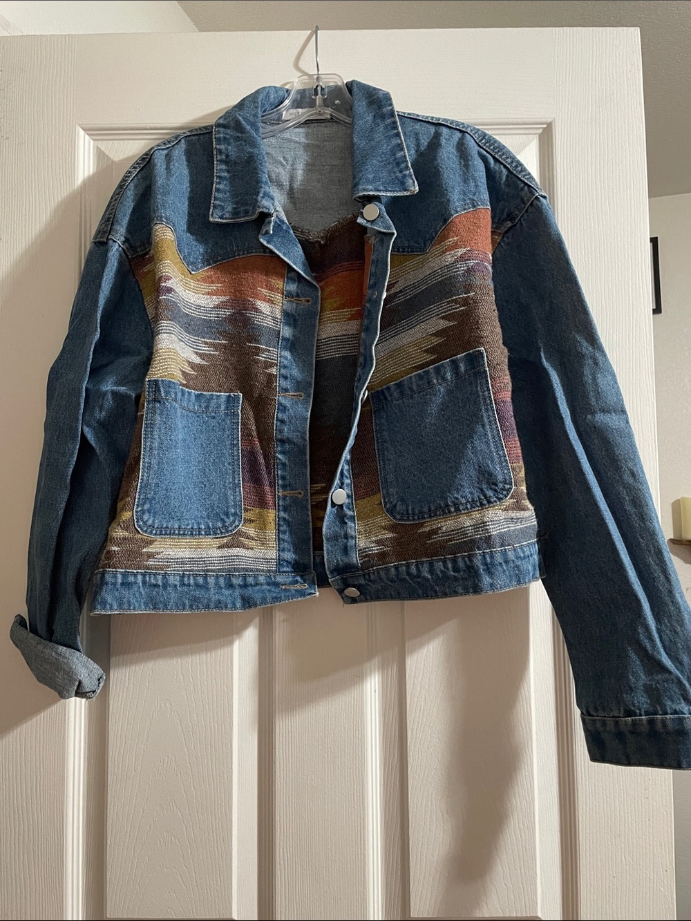 Denim Jacket with Southwestern Stripe Detail - Blue